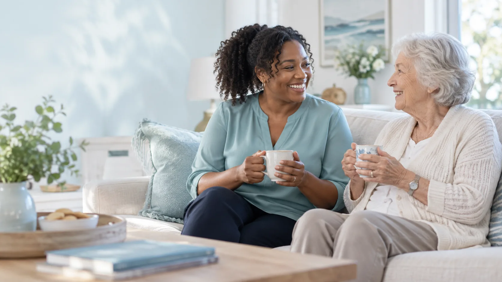 Illustration: a home-support professional sharing tea with an older adult