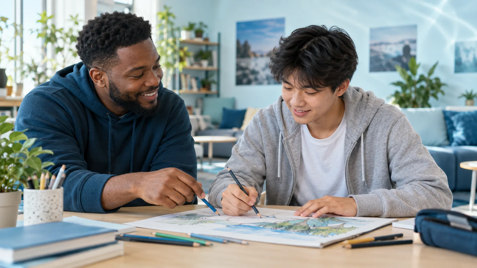 Illustration: a mentor and a young person drawing together in a community space